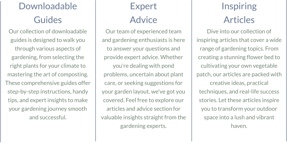 Downloadable Guides Our collection of downloadable guides is designed to walk you through various aspects of gardening, from selecting the right plants for your climate to mastering the art of composting. These comprehensive guides offer step-by-step instructions, handy tips, and expert insights to make your gardening journey smooth and successful. Expert  Advice Our team of experienced team and gardening enthusiasts is here to answer your questions and provide expert advice. Whether you're dealing with pond problems, uncertain about plant care, or seeking suggestions for your garden layout, we've got you covered. Feel free to explore our articles and advice section for valuable insights straight from the gardening experts. Inspiring  Articles Dive into our collection of inspiring articles that cover a wide range of gardening topics. From creating a stunning flower bed to cultivating your own vegetable patch, our articles are packed with creative ideas, practical techniques, and real-life success stories. Let these articles inspire you to transform your outdoor space into a lush and vibrant haven.